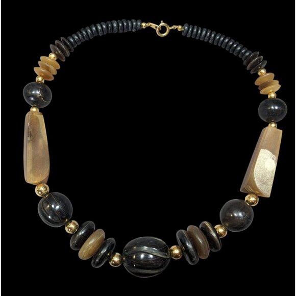 Vintage Rustic Carved Brown Black And Gold Tone Necklace - Picture 1 of 6
